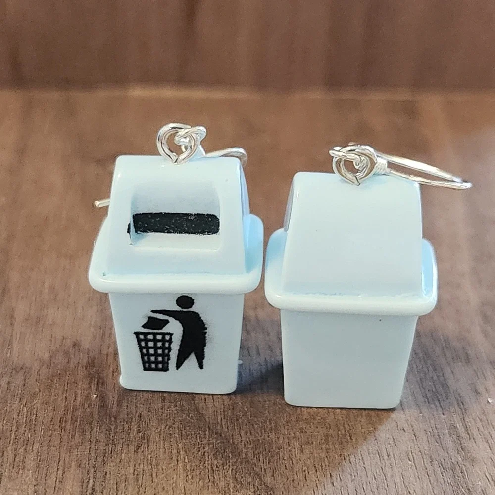 Handmade Novelty Cute Trash Can Earrings Silver Tone‎ Hooks Fun Quirky Earrings
